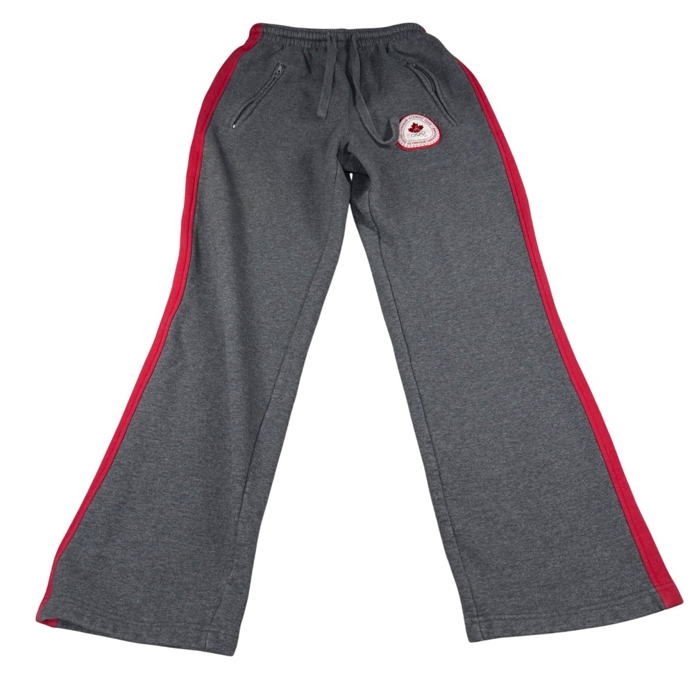 Canadian Olympic Team Grey Red Fleece Sweatpants Wide Leg Zip Pockets S Vinage
